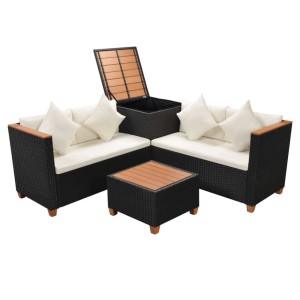 Schwarzes 4-tlg. Garten Lounge Set aus Rattan mit Auflagen und Tisch, inklusive Aufbewahrungsbox.