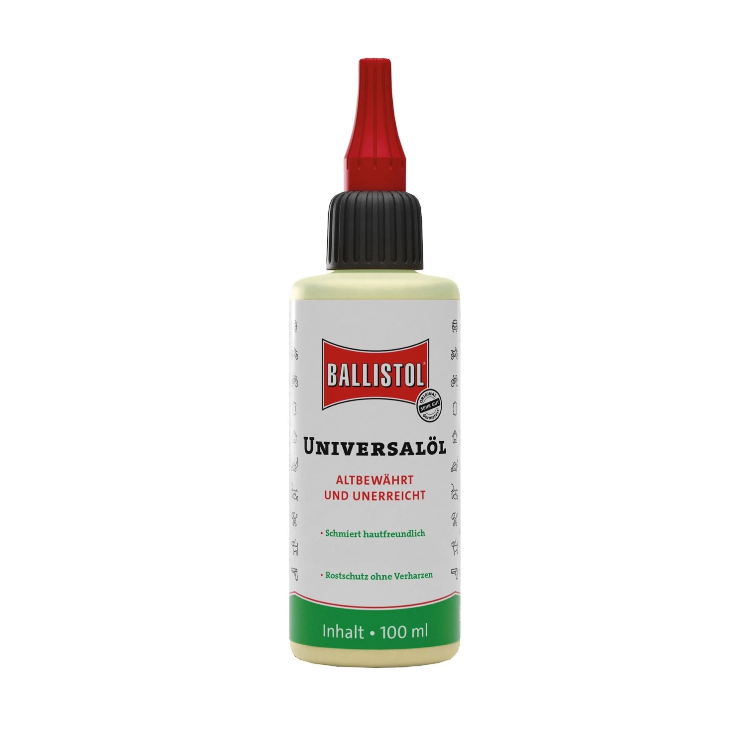 Ballistol Universalöl 100 ml Flasche mit roter Tülle. Reinigt, pflegt, schützt Metall, Holz, Leder. Für Werkstatt, Garten.
