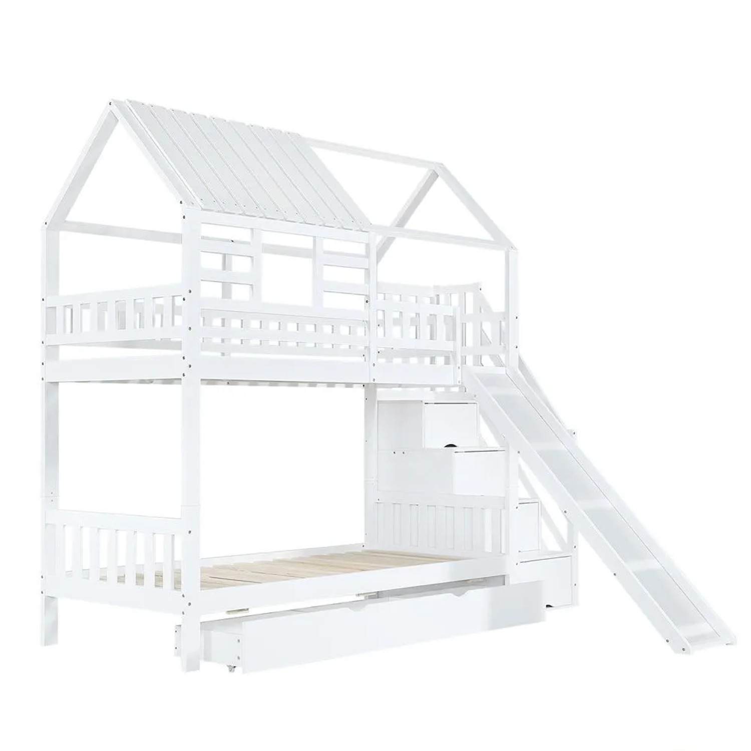 KOMHTOM Etagenbett 90x200Cm Hausbett Treppe Mit Stauraum Kinderbett Mit Rutsche Fenster Dach Fallschutzgitter Und Schublade Kiefer Weiß