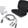USB Universal-Reiseset mit Netzteil, KFZ-Adapter, Ladekabel und Tasche für mobile Geräte.