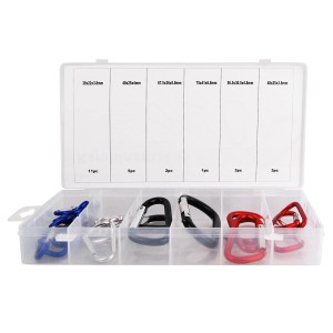 Sortimentsbox mit 25 farbigen Tifler Karabinerhaken aus Aluminium in verschiedenen Größen.