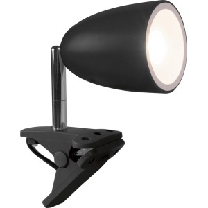 Schwarze LED-Klemmleuchte Vidorni mit Chromhals für flexible Beleuchtung.