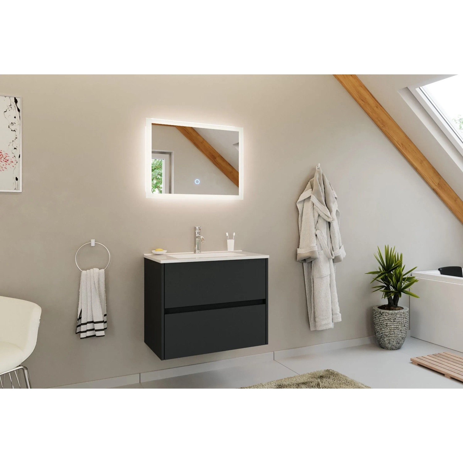 Posseik Badmöbelset Limes 70 cm 2 tlg Waschtisch LED Spiegel Grafit