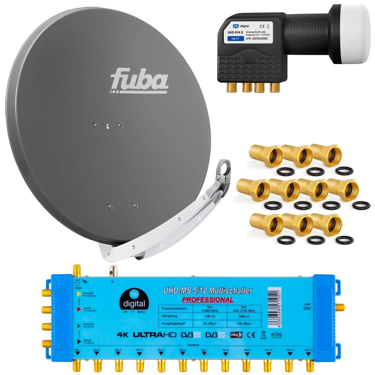 hb-digital Satellitenschüssel Fuba DAA 85cm Alu Anthrazit Multischalter 5-12 LNB Quattro
