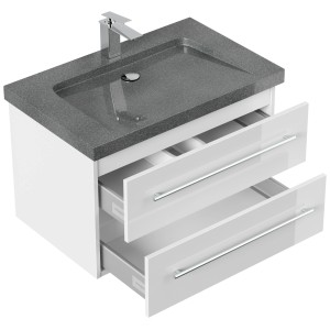 Posseik Badmöbel-Set Yamo, 75 cm, Weiß Hochglanz mit Granit Waschbecken und zwei Schubladen.