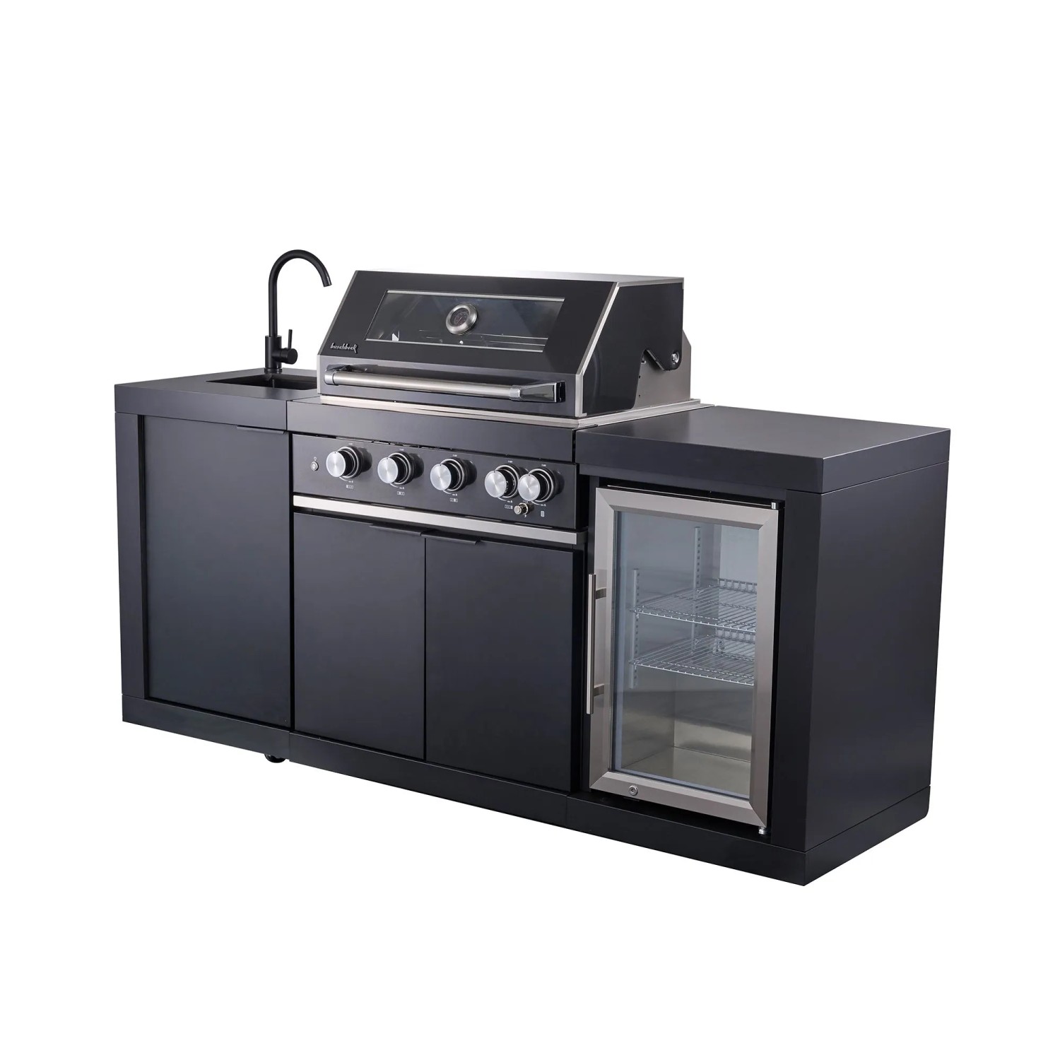 Schwarze Buschbeck Outdoorküche Liverpool mit Grill, Spüle und Kühlschrank.