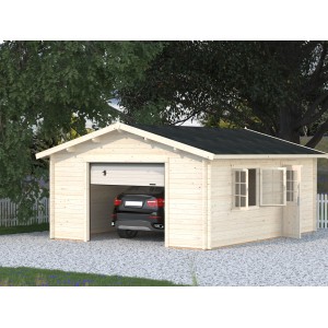 Palmako Garage Roger, lackiert grau-weiß, mit Sektionaltor und Auto. Fertiggarage aus Holz mit Fenster und Tür.