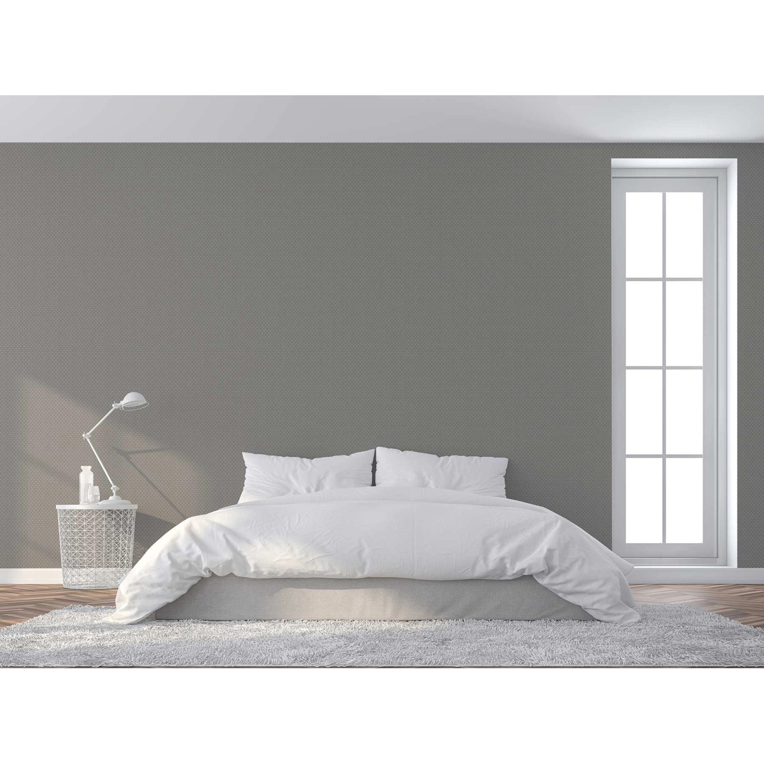 Schlafzimmer mit grauer Tadessi Vliestapete Uni M1 No 2253 als Wanddeko.
