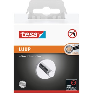 Verchromter Tesa Handtuchhaken Luup im Karton, einfache Montage ohne Bohren.