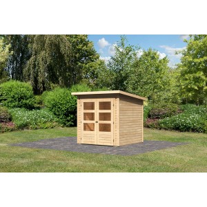 Unbehandeltes Karibu Holz-Gartenhaus Sitten mit Pultdach, 182x182 cm. Naturholz mit Doppeltür.