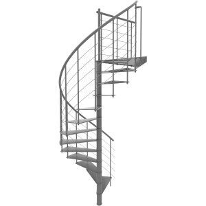 Graue Minka Spindeltreppe Milano, Ø120 cm, für Geschosshöhen bis 300 cm. Innentreppe mit Metallstufen und Geländer.