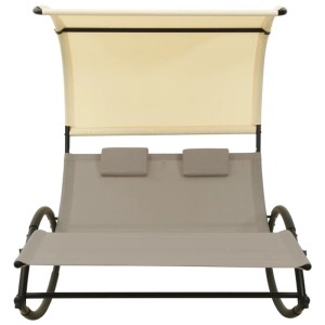 furnicato Doppel-Sonnenliege mit Sonnendach in Taupe und Creme. Bequeme Liegefläche mit Kissen.