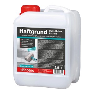 Decotric Haftgrund Konzentrat 2,5 l für Putz und Estrich. Weißer Kanister mit rotem Deckel, 1:4 verdünnbar.