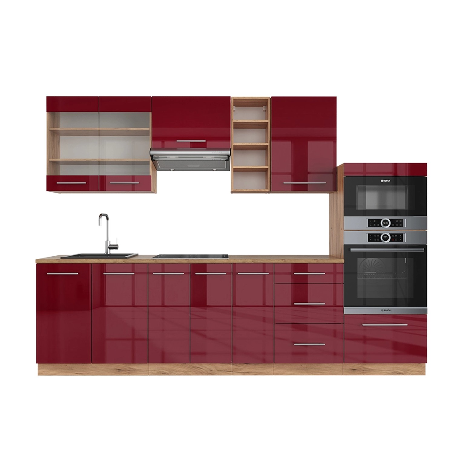 Vicco Fame-Line Küchenzeile Bordeaux Hochglanz/Goldkraft Eiche 280 cm ohne günstig online kaufen