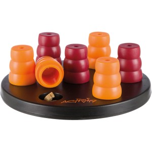 Trixie Dog Activity Mini Solitär, Intelligenzspielzeug für kleine Hunde mit Kegeln in Orange und Rot.
