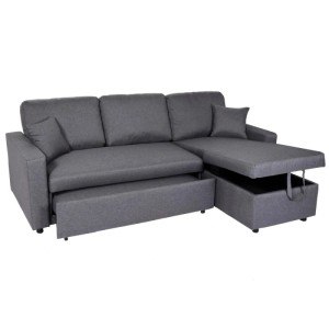 Dunkelgraues Ecksofa mit ausziehbarer Schlaffunktion und offenem Bettkasten, L-Form, 3-Sitzer.