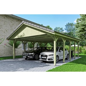 Doppelcarport Wallgau mit Dachlattung, grüne Holzkonstruktion mit zwei geparkten Autos.