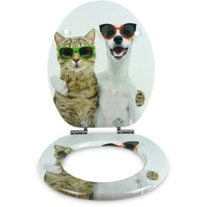 Sanfino WC-Sitz Cat & Dog mit Absenkautomatik, Holz Toilettendeckel mit Katzen- und Hunde-Motiv.