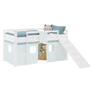 Weißes Kinder Hochbett 90x200 aus Kiefernholz mit Rutsche, Leiter und mintgrünem Vorhang. Ideal als Abenteuerbett.