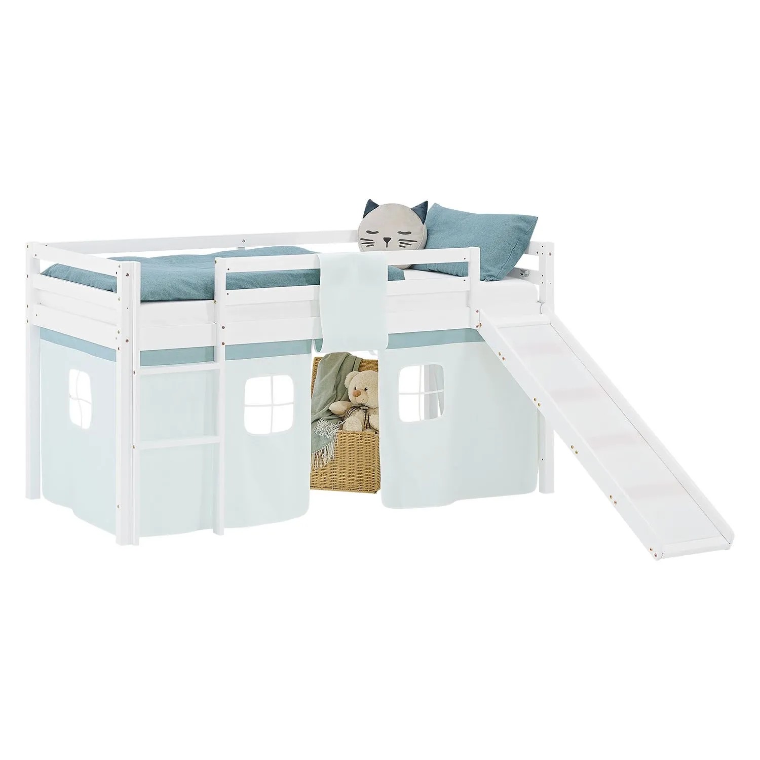 Homestyle4u Kinder Hochbett 90x200 Rutsche Lattenrost Vorhang Grün Kinderbett 2938