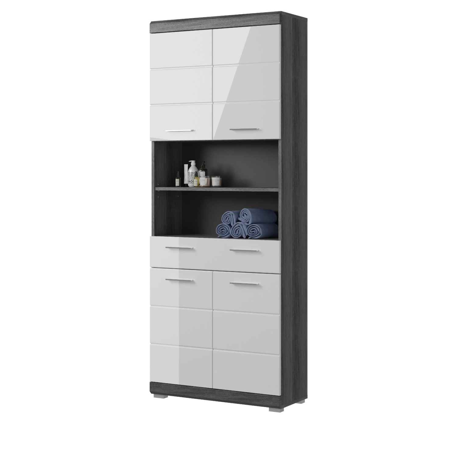Inn.Furn Hochschrank Weiß Hochglanz Grau 74 x 191 cm 6 Fächer Shawn günstig online kaufen