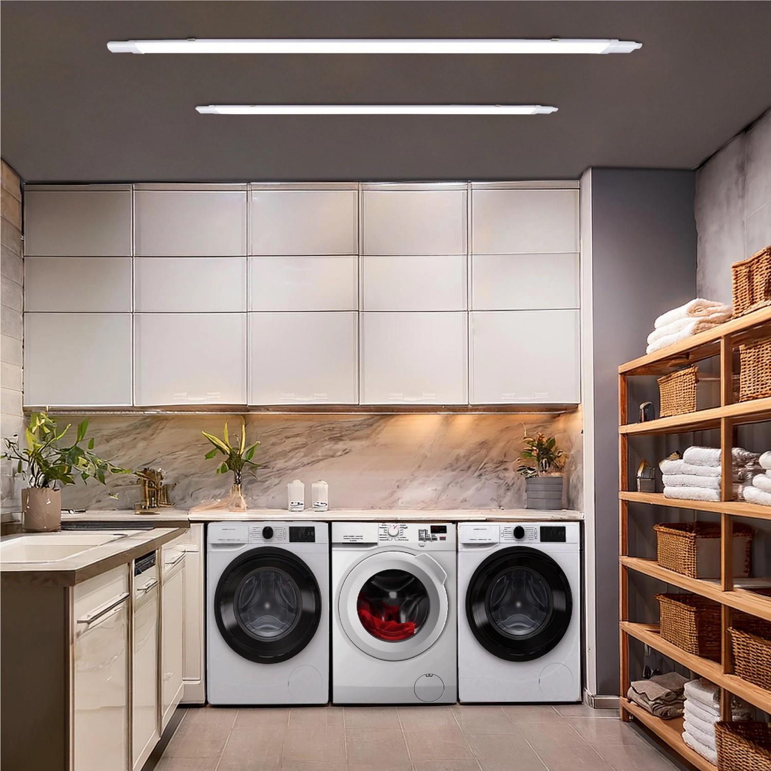 Moderne Waschküche mit zwei LED Feuchtraumleuchten, 120cm, 18W, 4000K.