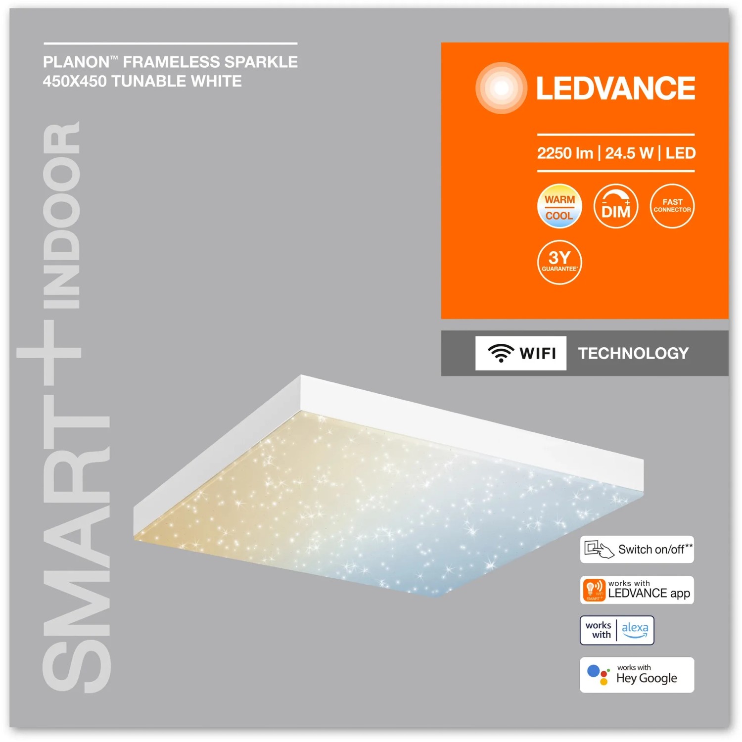 Ledvance Smart+ WiFi Panelleuchte Planon, rahmenlos, mit Glitzer-Effekt und tunable white Funktion.