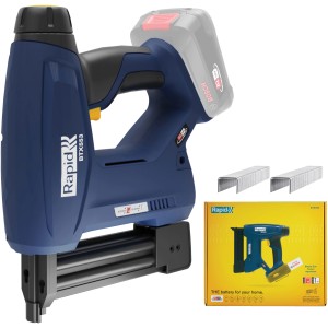 Rapid Akku-Tacker BTX553 18 V mit Akku, Klammern und Produktverpackung.