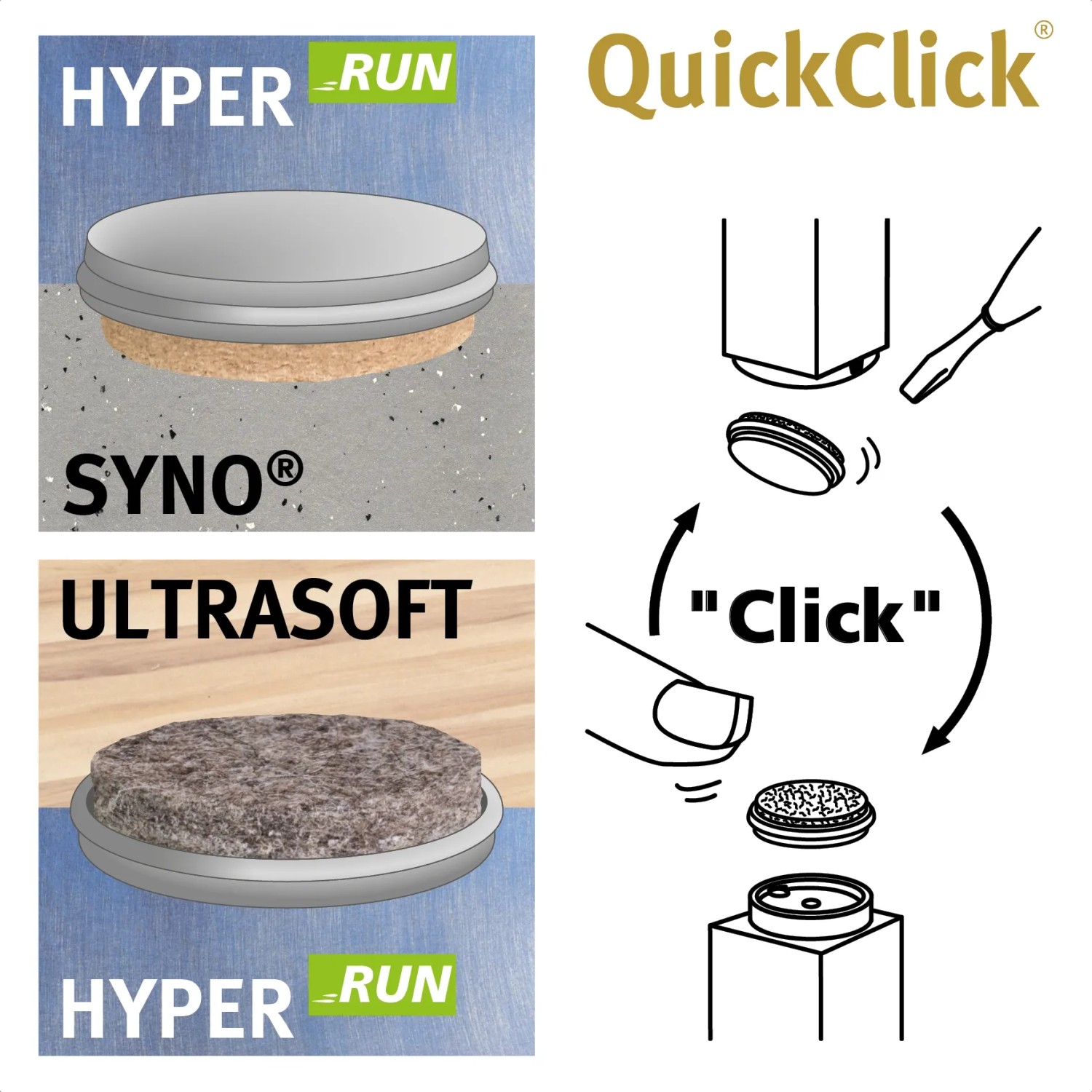 Wagner QuickClick Möbelgleiter 2in1 Duo, 12-teilig, mit Filz- und Kunststoffgleiteinsätzen.