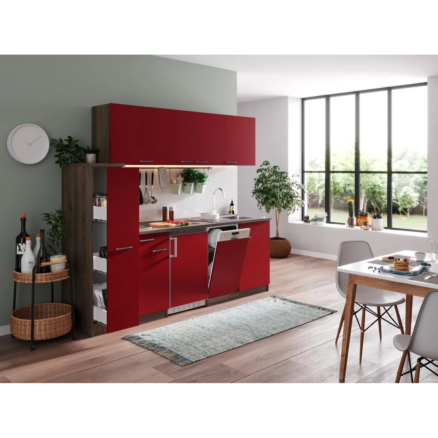 Respekta Küchenzeile KB225EYRC 225 cm Rot-Eiche York Nachbildung