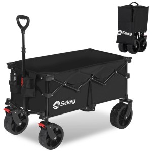 Schwarzer, faltbarer Sekey XXL Bollerwagen mit Bremsen und 150L Volumen für Camping.