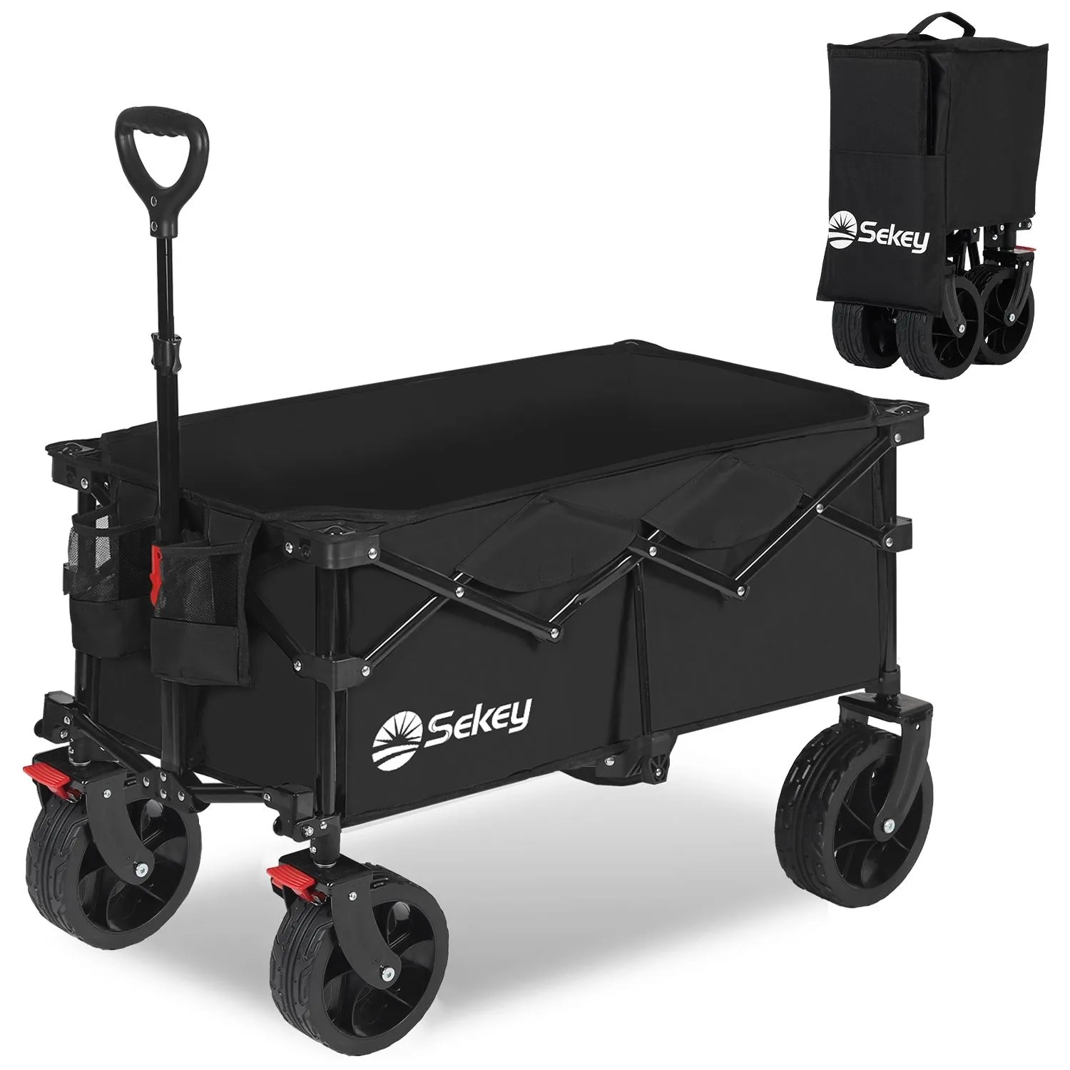Sekey XL Bollerwagen Faltbar mit Bremsen und Breiten Reifen 150KG 150L Schwarz