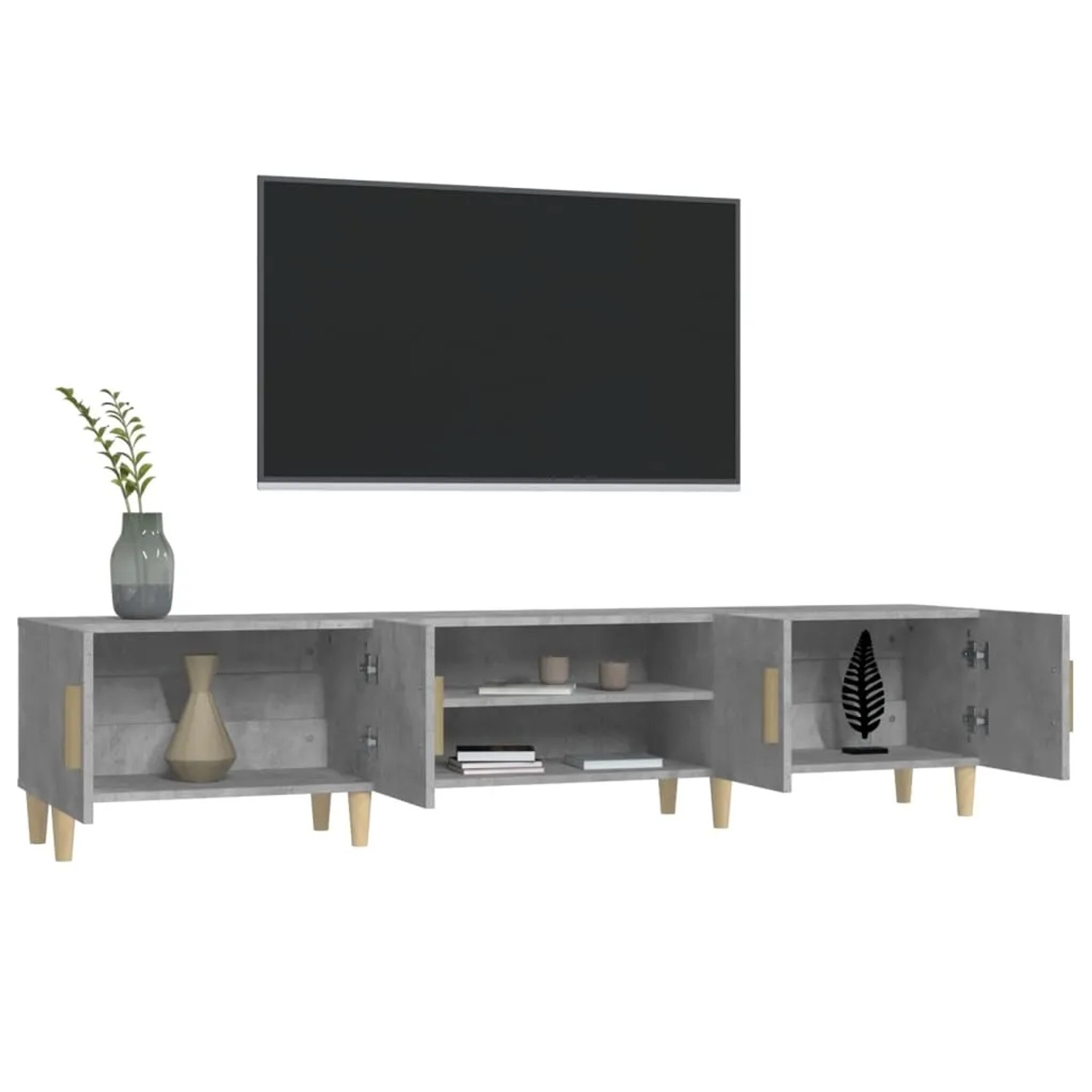 VidaXL TV-Schrank, Betongrau, 180 cm breit, mit Fächern und Holzbeinen.