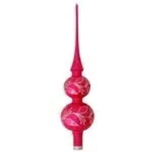 Rote Christbaumspitze aus Glas mit Eislack-Finish und goldenem Stechpalmendekor. Festlicher Baumschmuck.