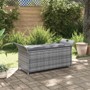 Graue vidaXL Sitzbank mit Stauraum und Kissen aus Poly Rattan, ideal für Gartenmöbel.