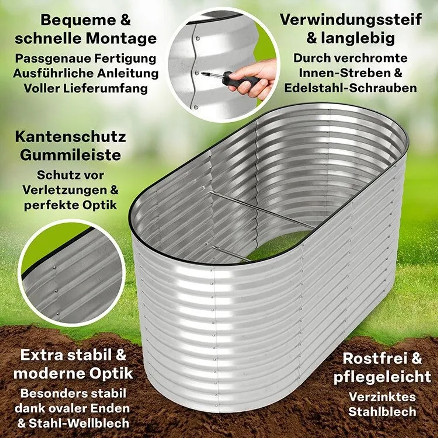 TTL GARDEN Ovales Garten-Hochbeet SPIRIT M 160×80×80 cm – Großes Metall Hochbeet Verzinkt in Silber für Garten & Terrasse_4