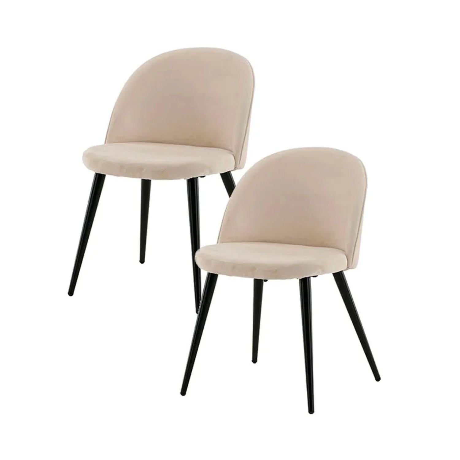 Zwei beige Esszimmerstühle mit Veloursbezug und schwarzen Beinen.