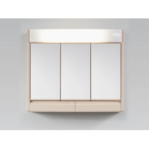 Jokey Spiegelschrank Saphir, 60 cm, Bahamabeige Hochglanz mit drei Spiegeltüren und LED-Beleuchtung.
