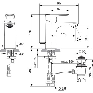 Skizze der Ideal Standard Connect Air Waschtischarmatur in Chrom mit Maßangaben.