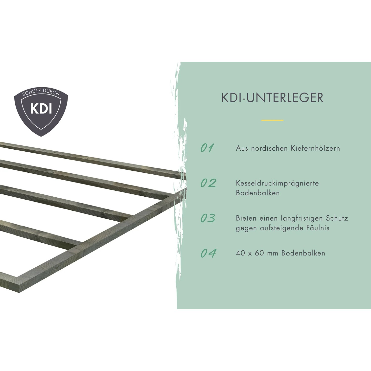 KDI-Unterleger für Karibu Gartenhaus: Kesseldruckimprägnierte Bodenbalken aus Kiefernholz, 40x60mm, schützen vor Fäulnis.