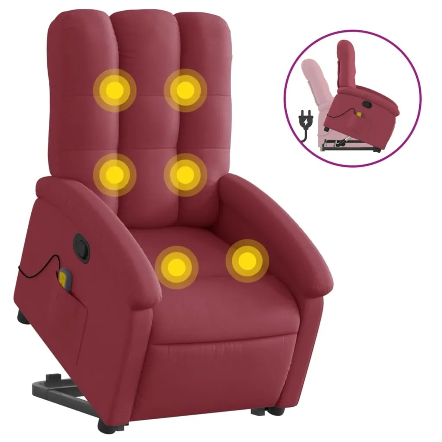 Weinroter Massagesessel mit Aufstehhilfe, Stoffbezug und Vibrationsmassage.