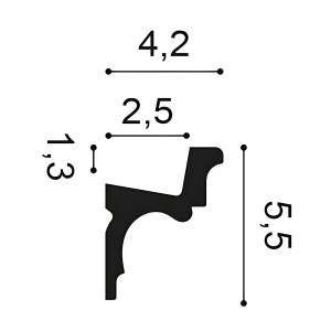 Detailzeichnung ORAC Decor C323 LUXXUS Eckleiste für indirekte Beleuchtung, Maße 5,5 x 4,2 cm.