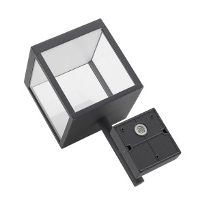 Moderne, schwarze LED Außenwandleuchte Cube von Lucande aus Aluminium und Glas. Spritzwassergeschützt.