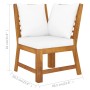 Detailansicht Eckteil des vidaXL Garten Lounge Sets aus Akazienholz mit creme-weißen Auflagen.