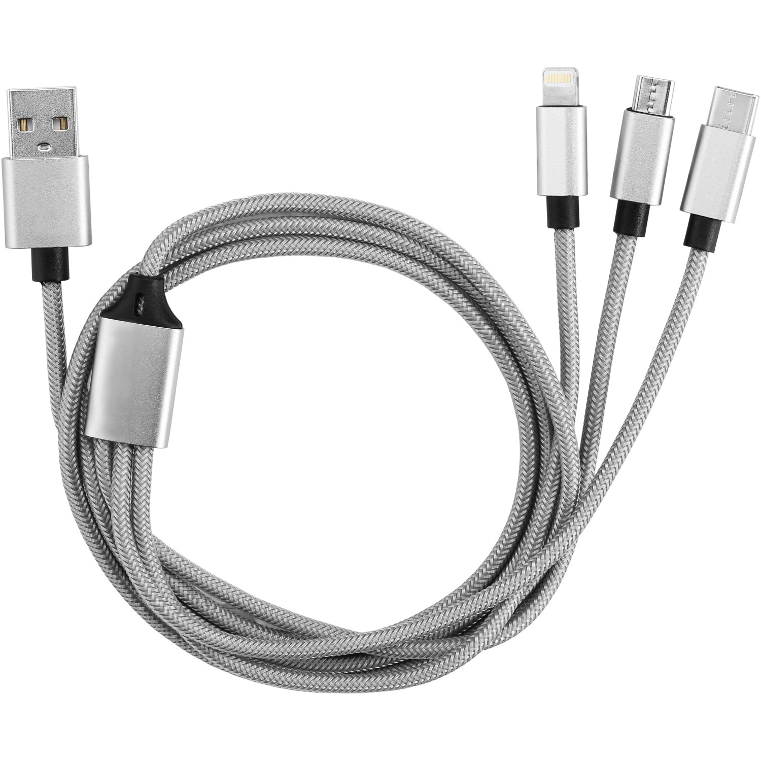 USB Universal-Reiseset mit USB, USB-C, Micro-USB und Lightning Anschluss zum Aufladen mobiler Geräte.
