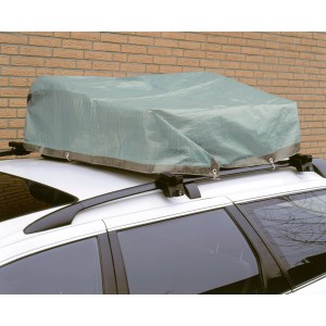Grüne LUX Abdeckplane 2x3m auf Autodachgepäckträger zum Schutz vor Witterung.