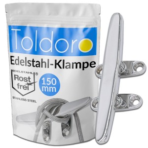 Toldoro Edelstahl Klampe, 150mm, V4A, mit 4 Bohrungen. Bootsklampe für Festmacher.