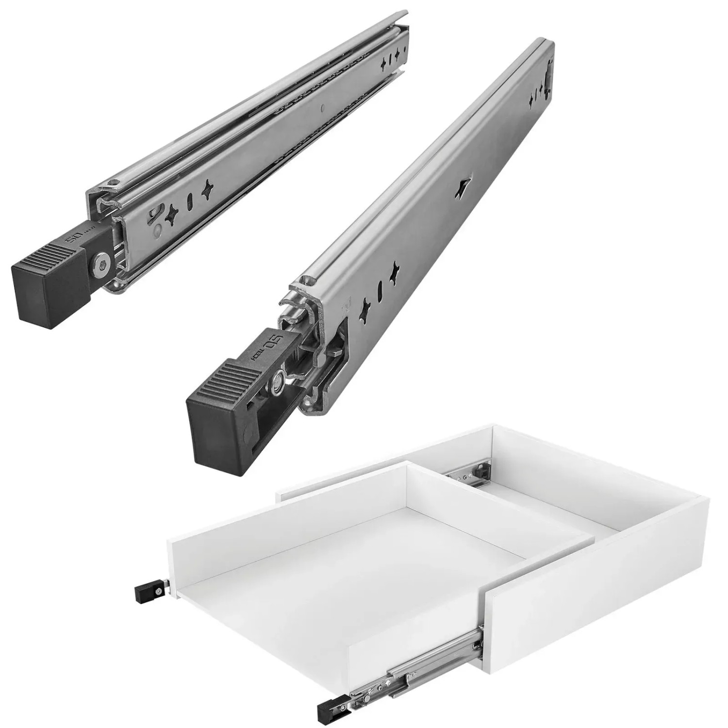 SOTECH Schwerlastauszug VarioSlide KV2-100-H53-L800-EH 800 mm Lock In Out Einrastfunktion Schwarzer Hebel Schubladenschiene Belastbar bis 100 Kg