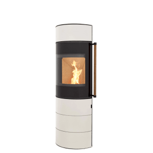 H&M Kaminofen Citro 2.0 L, creme-weißer Ofen mit Flamme im Brennraum.