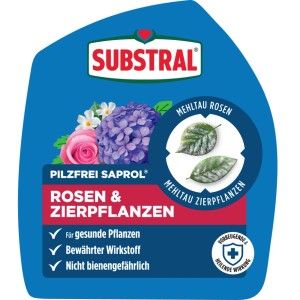 Substral Pilzfrei Saprol Etikett: Rosen, Zierpflanzen, Mehltau-Blätter. Rosenschutzmittel gegen Pilze für gesunde Pflanzen, nicht bienengefährlich.